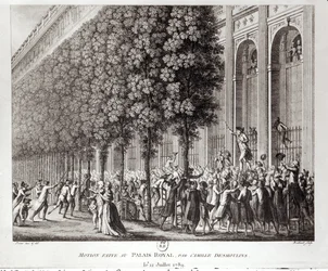 Camille Desmoulins (1760-94) przemawiający w Palais Royal, 12 lipca 1789, ryty przez Pierre